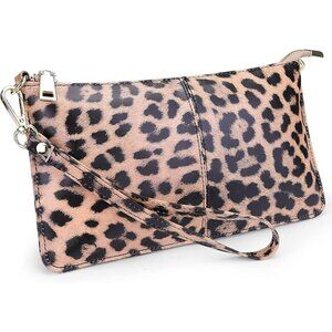 RFID Blocking Leopard Pink Chain Wristlet Purse Women Small Clutch Zipper Pocket